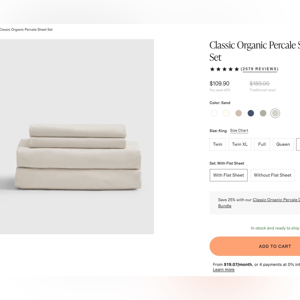 Quince Classic Organic Percale Sheet Set like new KING